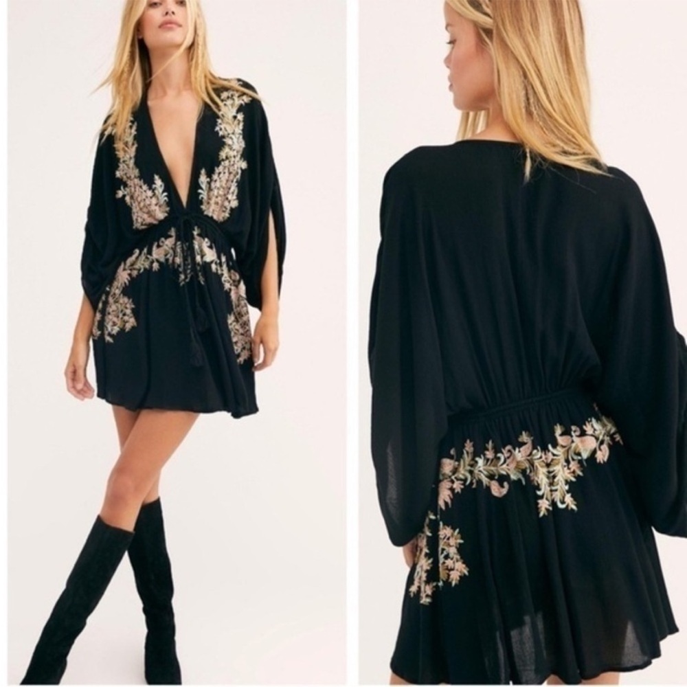 Free People Pretty Pineapple V Tunic Dress Embroidery  Drawstring S Hippie Boho - Picture 16 of 16